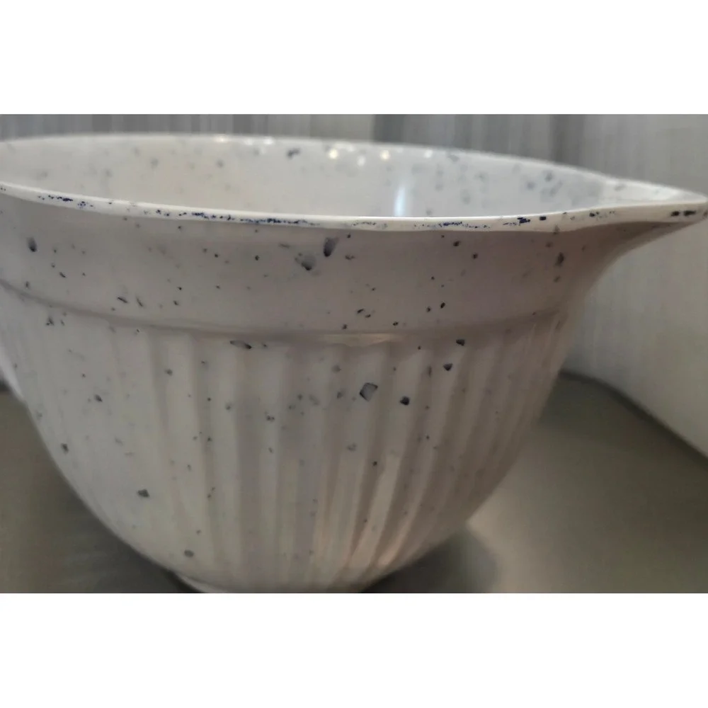 Cynthia Rowwey Shabby Chic Melamine Mixing Bowl White Blue Speckled Pour Spout